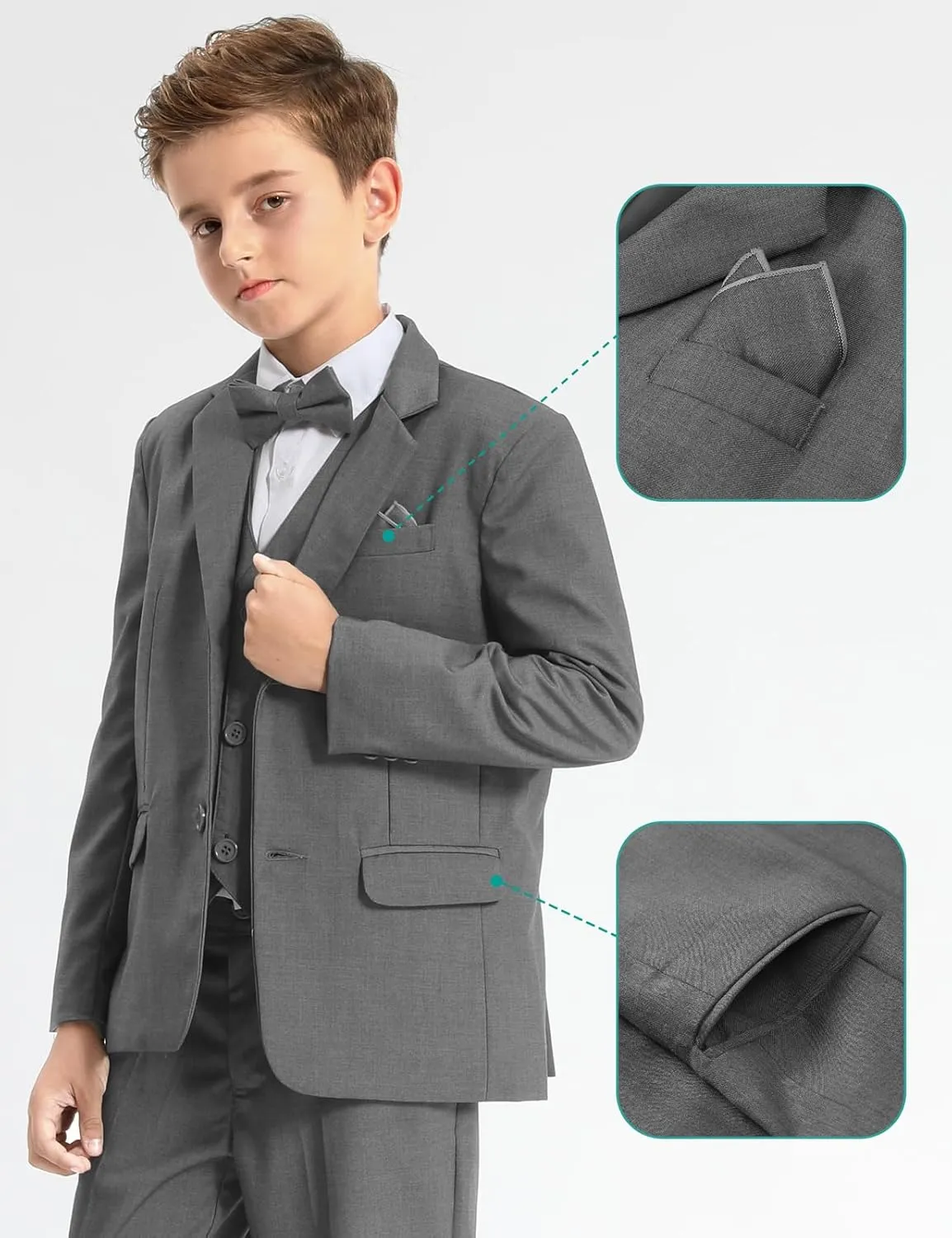 A&J DESIGN Boys 5-Piece Formal Suit Set with Jacket, Dress Pants, Tie, Bowtie and Pocket Square