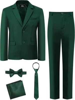 A&J DESIGN Boys 5-Piece Formal Suit Set with Jacket, Dress Pants, Tie, Bowtie and Pocket Square