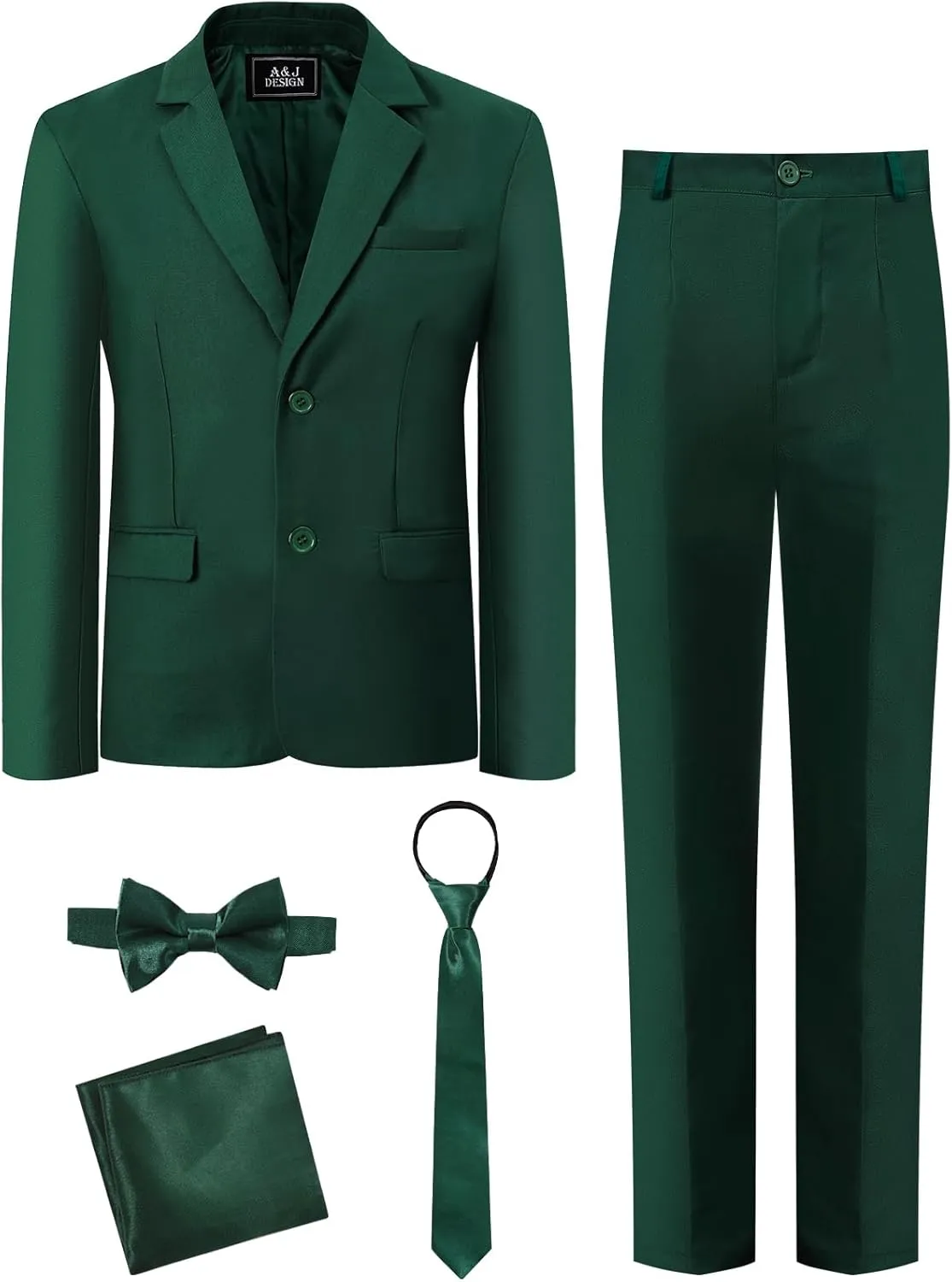 A&J DESIGN Boys 5-Piece Formal Suit Set with Jacket, Dress Pants, Tie, Bowtie and Pocket Square