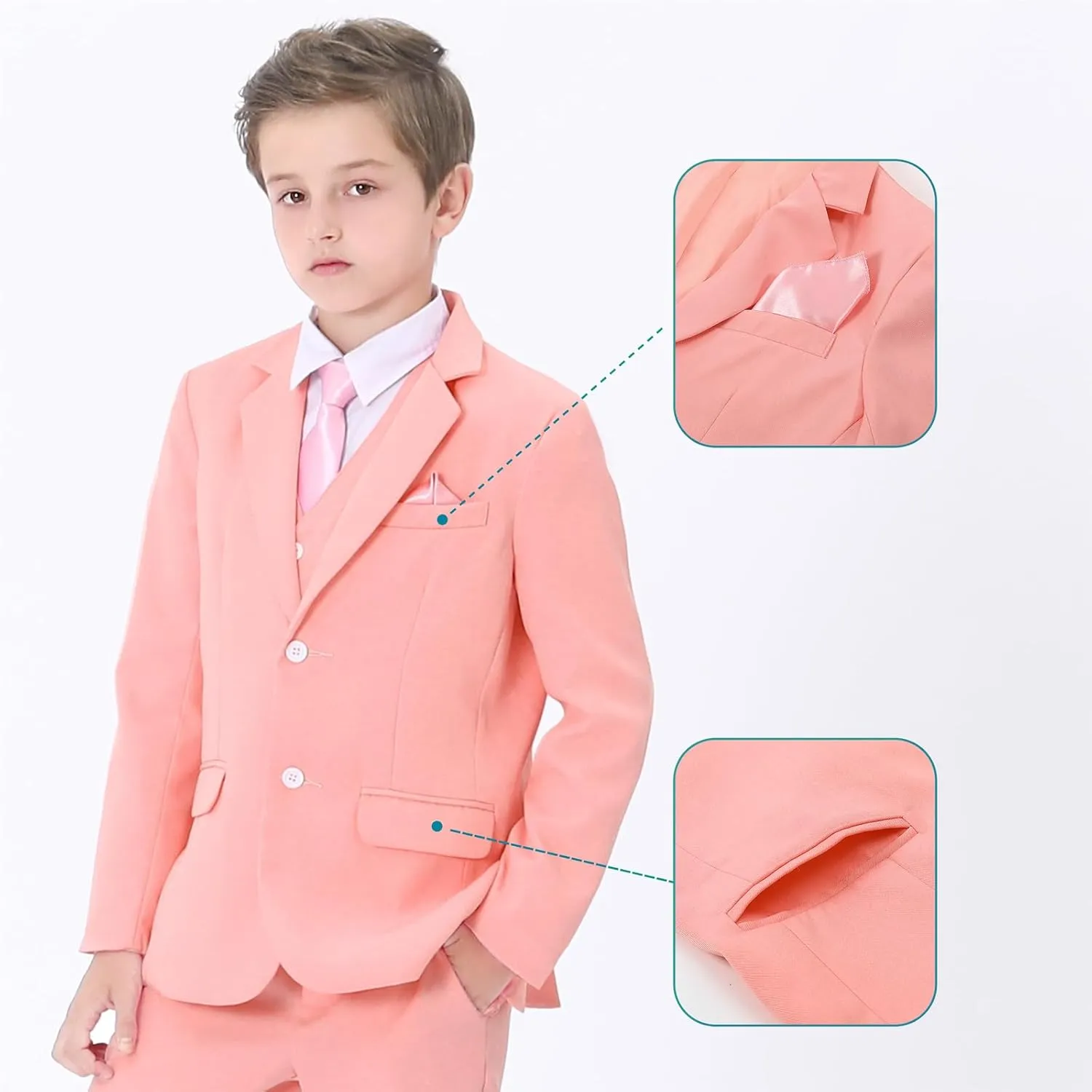 A&J DESIGN Boys 5-Piece Formal Suit Set with Jacket, Dress Pants, Tie, Bowtie and Pocket Square