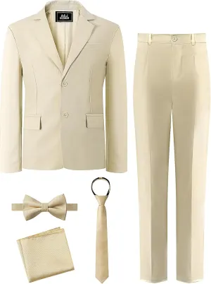 A&J DESIGN Boys 5-Piece Formal Suit Set with Jacket, Dress Pants, Tie, Bowtie and Pocket Square