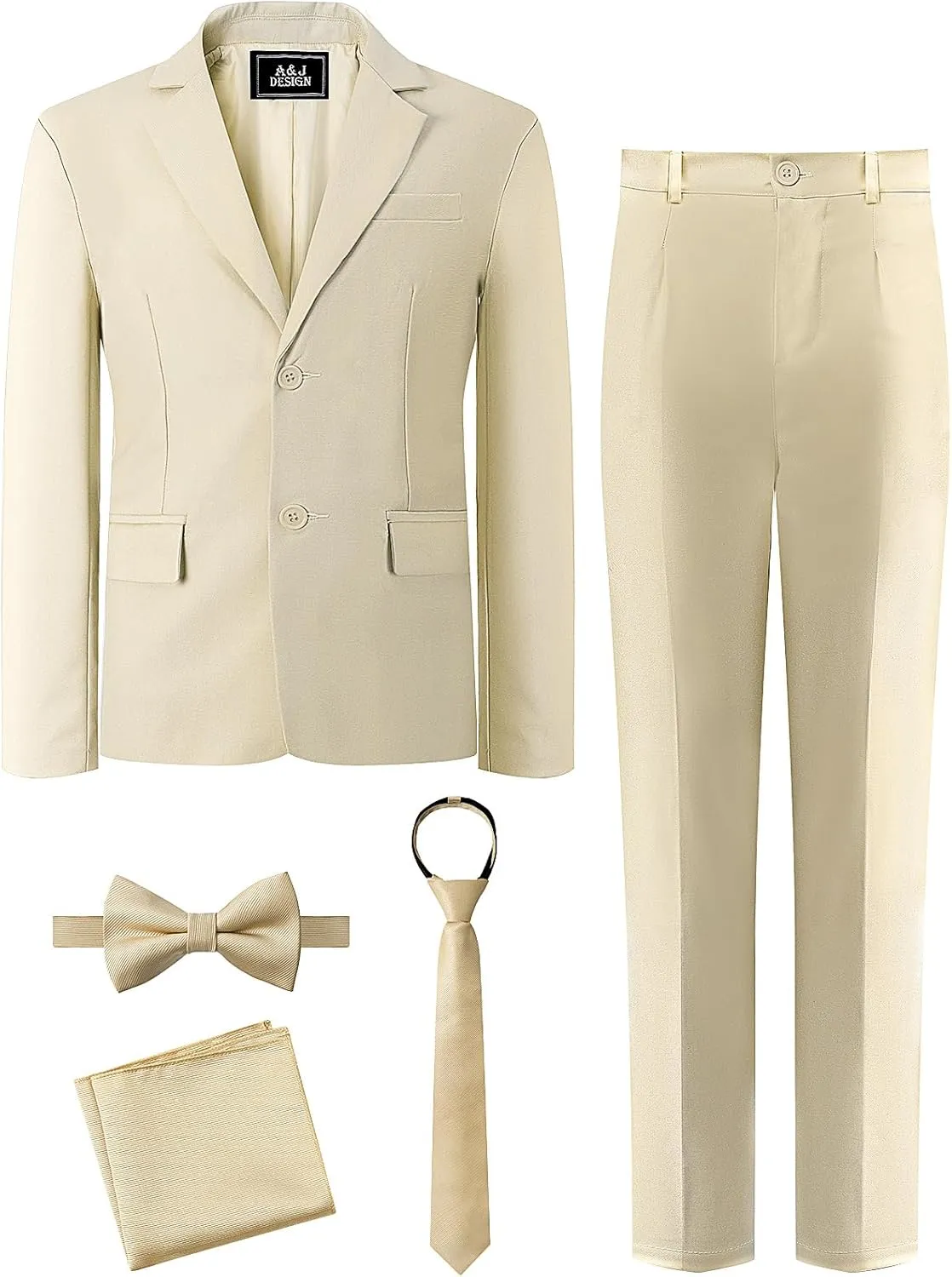 A&J DESIGN Boys 5-Piece Formal Suit Set with Jacket, Dress Pants, Tie, Bowtie and Pocket Square