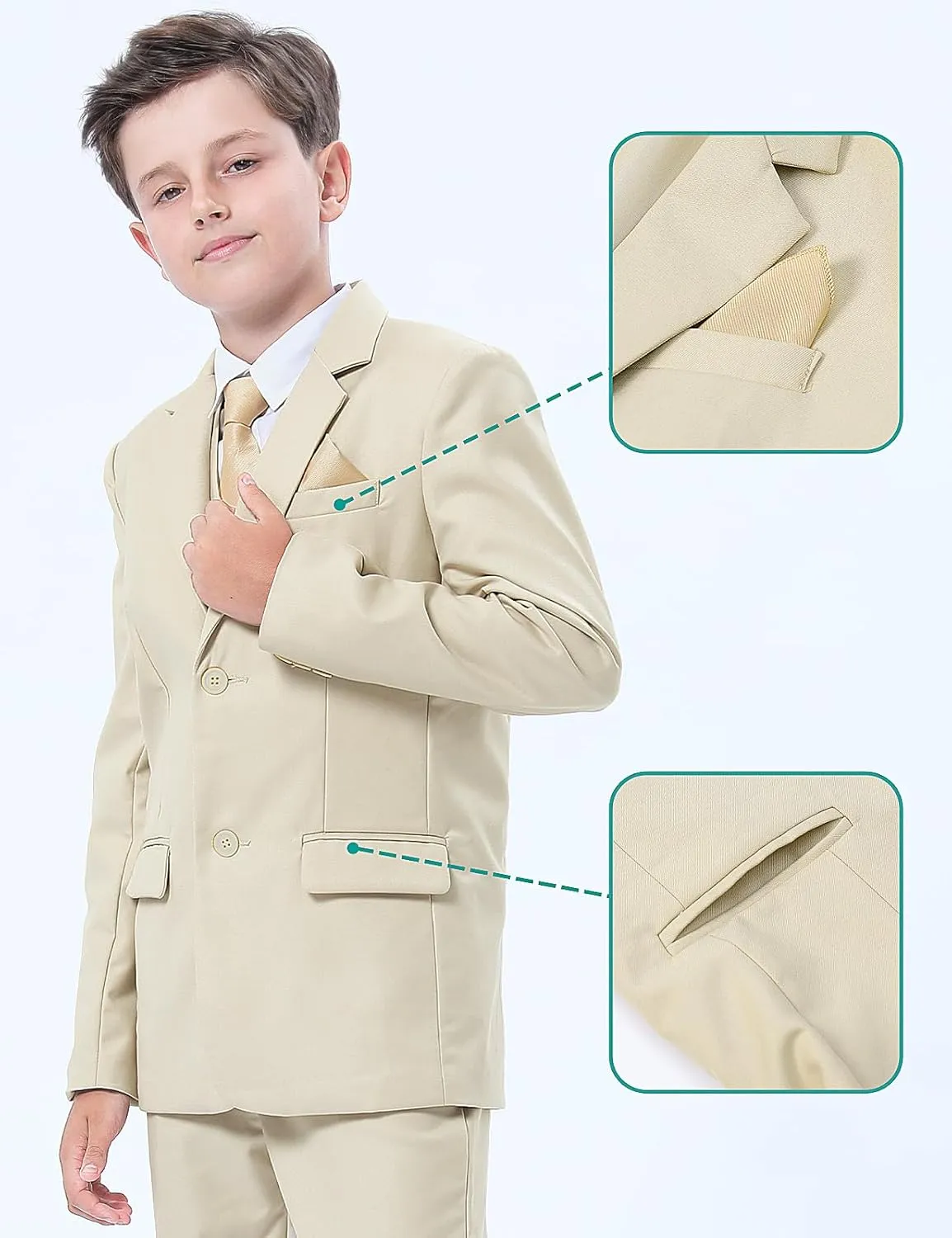 A&J DESIGN Boys 5-Piece Formal Suit Set with Jacket, Dress Pants, Tie, Bowtie and Pocket Square