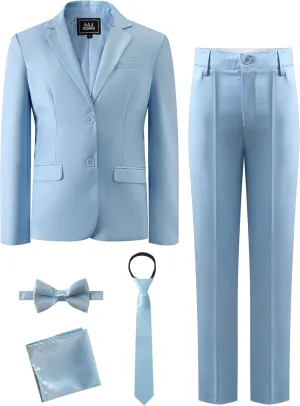 A&J DESIGN Boys 5-Piece Formal Suit Set with Jacket, Dress Pants, Tie, Bowtie and Pocket Square