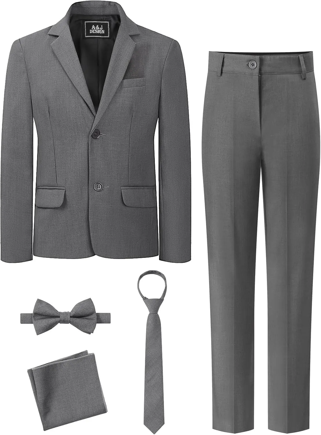 A&J DESIGN Boys 5-Piece Formal Suit Set with Jacket, Dress Pants, Tie, Bowtie and Pocket Square