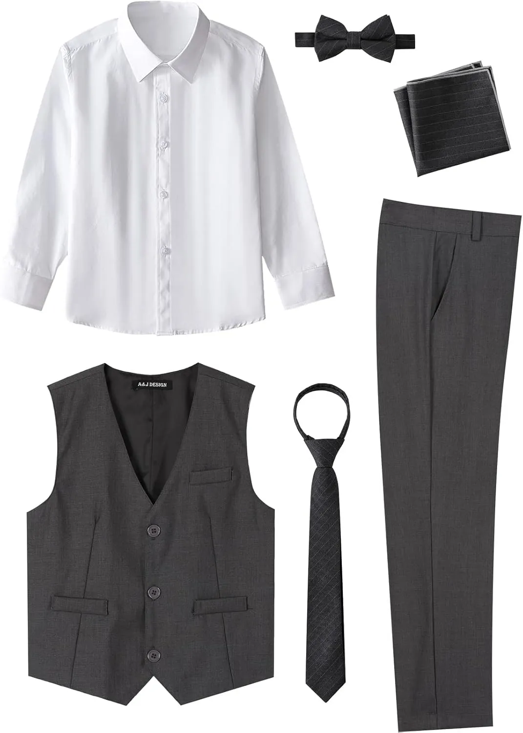 A&J DESIGN Boys 6-Piece Formal Suit Set with Dress Shirts, Vest, Pants, Tie, Bowtie and Pocket Square