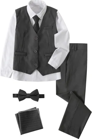 A&J DESIGN Boys 6-Piece Formal Suit Set with Dress Shirts, Vest, Pants, Tie, Bowtie and Pocket Square