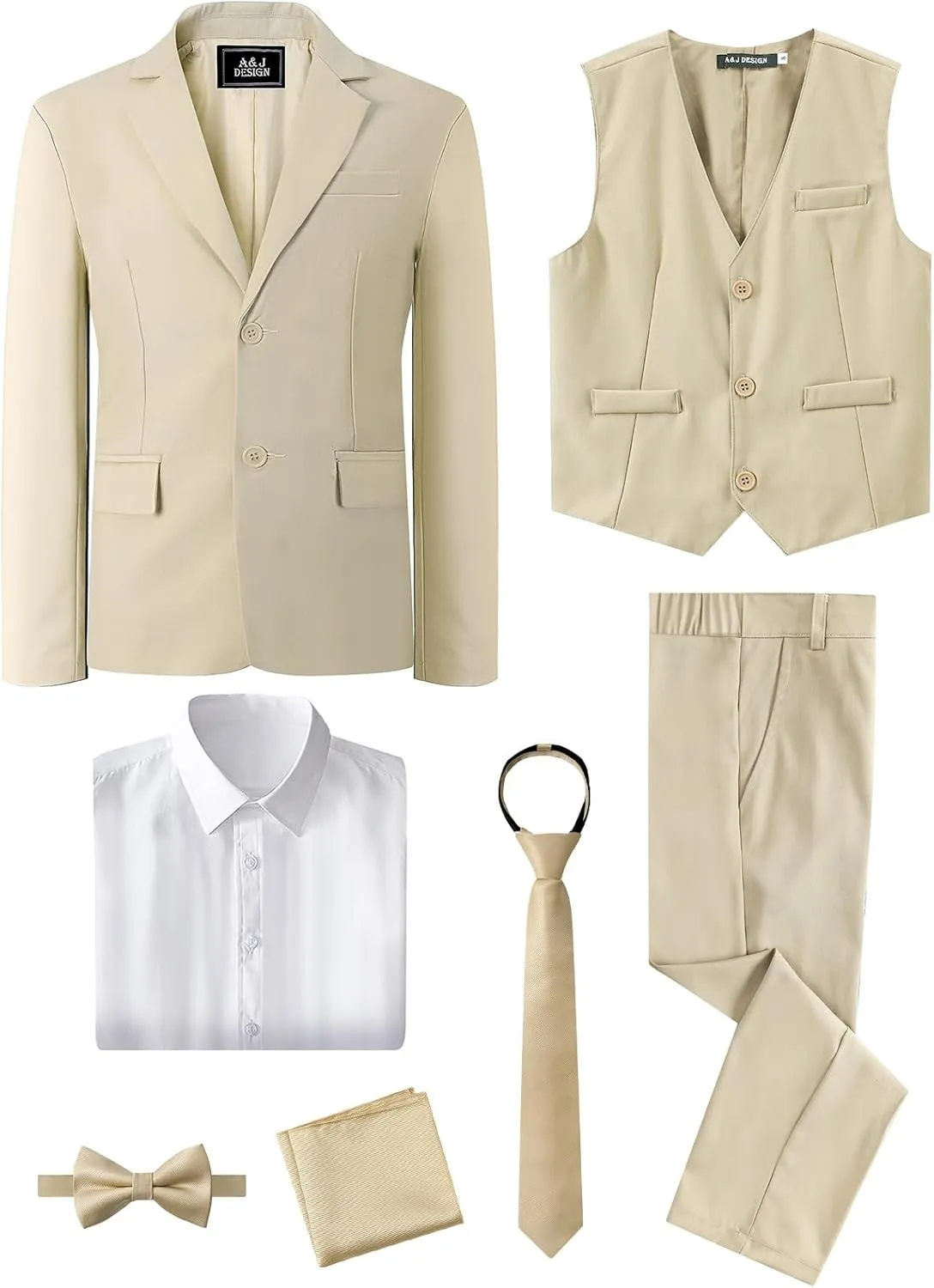 A&J DESIGN Boys 7-Piece Formal Suit Ring Bearer Outfit with Dress Shirt, Jacket, Vest, Pants, Tie, Bowtie and Pocket Square