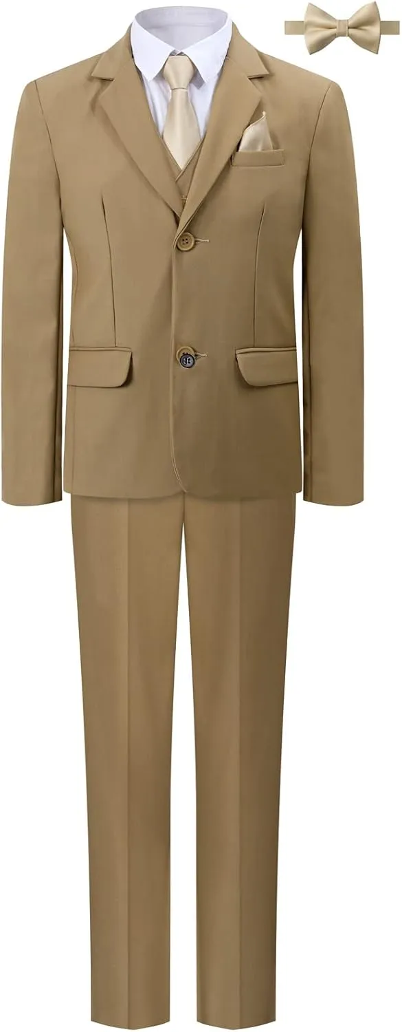 A&J DESIGN Boys 7-Piece Formal Suit Ring Bearer Outfit with Dress Shirt, Jacket, Vest, Pants, Tie, Bowtie and Pocket Square