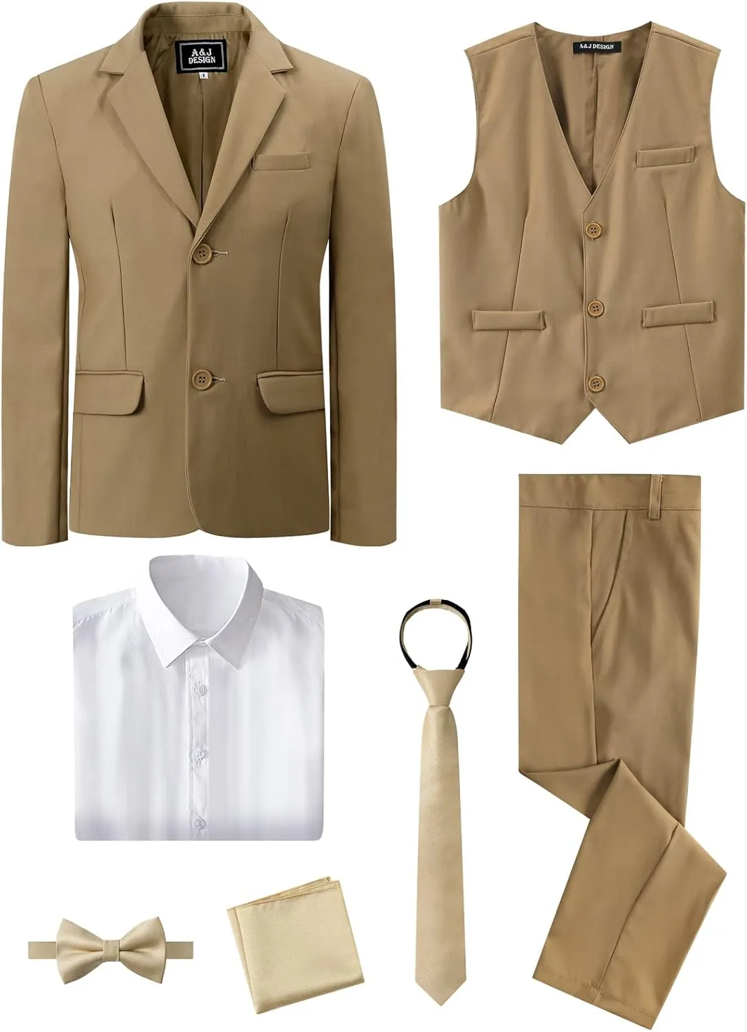 A&J DESIGN Boys 7-Piece Formal Suit Ring Bearer Outfit with Dress Shirt, Jacket, Vest, Pants, Tie, Bowtie and Pocket Square