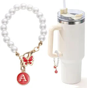 Accessories for Stanley Cup Pearl Chain Initial Accessoriess for Handle Stuff Decor Water Bottle Jewelry Tumbler Cute Simple Modern Personalized Name ID Decorations Letter Red Tag A