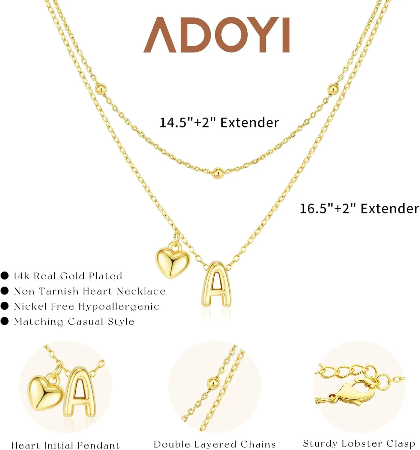 adoyi Gold Necklace for Women Layered Bubble Heart Letter Initial Necklaces for Women Trendy Jewelry 14K Gold Plated Chain Chunky Name Necklace Stack Charm A-Z Pendant Set Jewelry Gifts