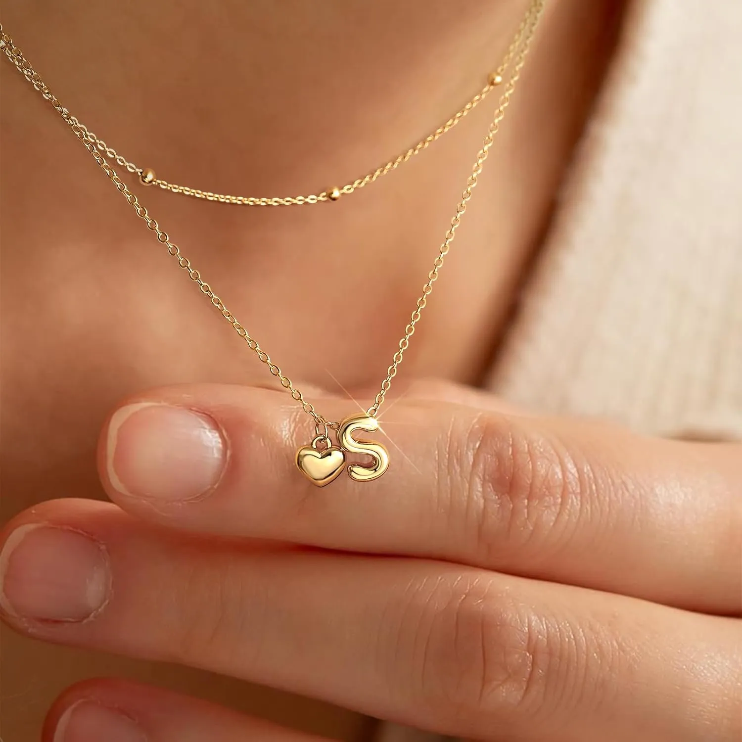 adoyi Gold Necklace for Women Layered Bubble Heart Letter Initial Necklaces for Women Trendy Jewelry 14K Gold Plated Chain Chunky Name Necklace Stack Charm A-Z Pendant Set Jewelry Gifts
