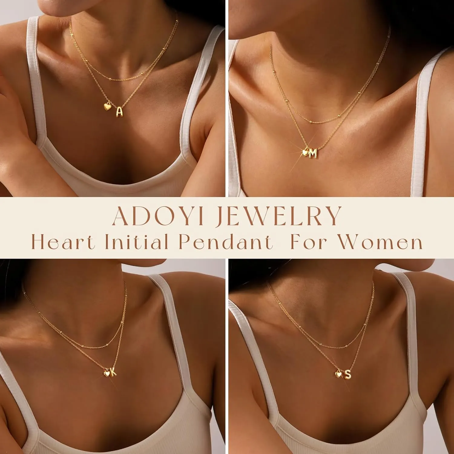 adoyi Gold Necklace for Women Layered Bubble Heart Letter Initial Necklaces for Women Trendy Jewelry 14K Gold Plated Chain Chunky Name Necklace Stack Charm A-Z Pendant Set Jewelry Gifts
