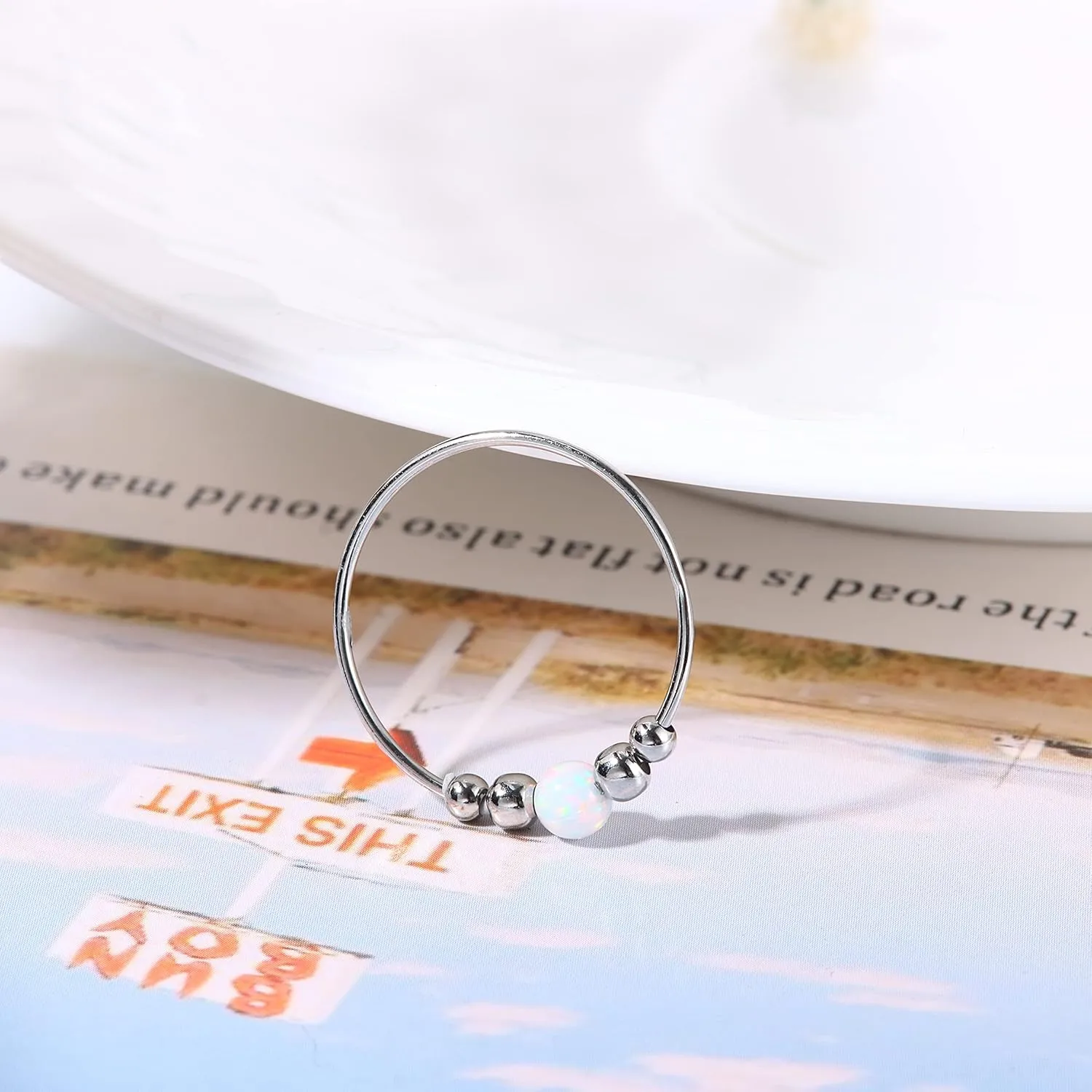 ADRAMATA 925 Sterling Silver Rings Fidget Ring for Women for Anxiety Relief Bead Spinner Rings Handmade Opal Ring 18K White Gold Plated Anxiety Ring for Women Anti-Anxiety Ring