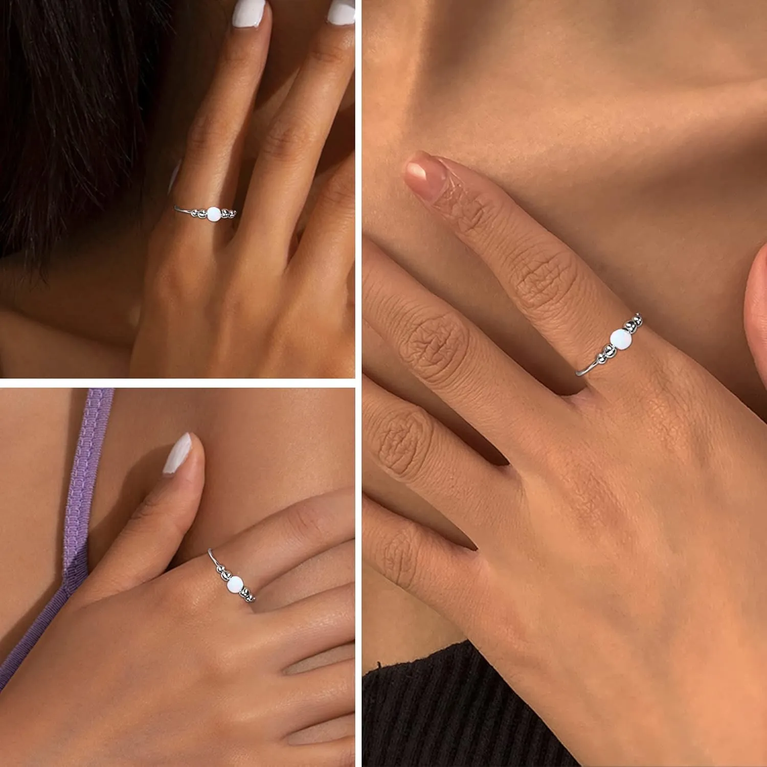 ADRAMATA 925 Sterling Silver Rings Fidget Ring for Women for Anxiety Relief Bead Spinner Rings Handmade Opal Ring 18K White Gold Plated Anxiety Ring for Women Anti-Anxiety Ring