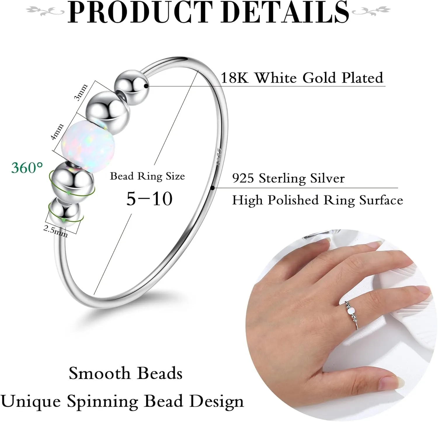 ADRAMATA 925 Sterling Silver Rings Fidget Ring for Women for Anxiety Relief Bead Spinner Rings Handmade Opal Ring 18K White Gold Plated Anxiety Ring for Women Anti-Anxiety Ring