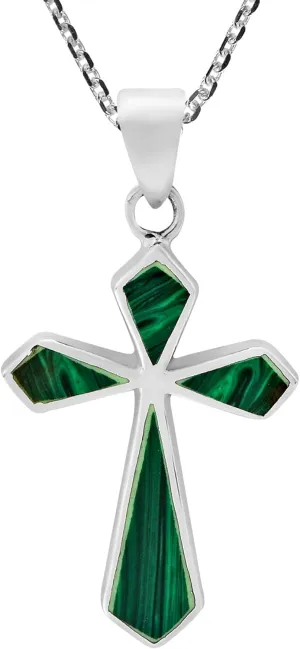 AeraVida Modern Faith .925 Sterling Silver Cross with Green Malachite Pendant Necklace | Elegant Sterling Silver and Malachite Cross Necklace for Women | Christmas Religious Jewelry Gift