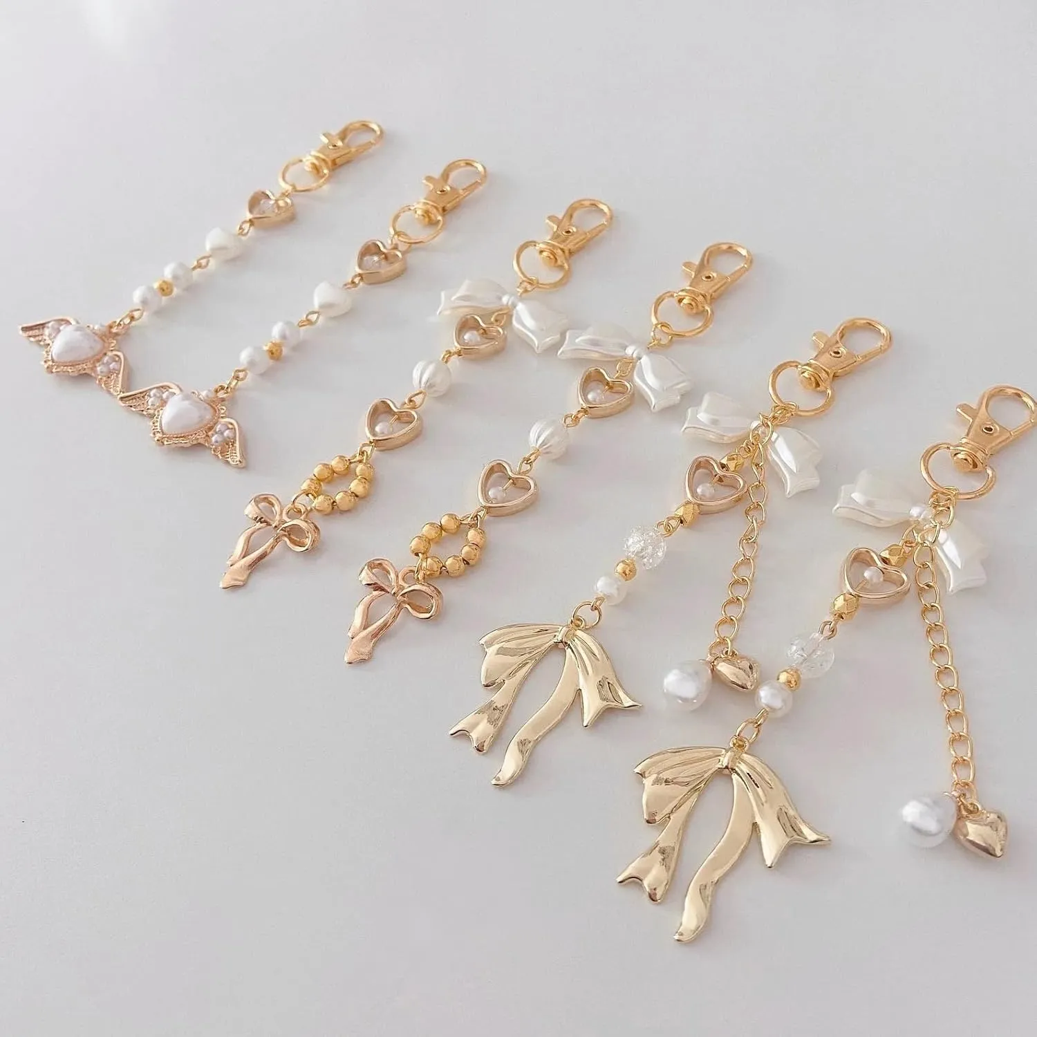 Agromusk Gold Bow Keychain Bag Charms for Women Heart Pearl Beaded Coquette Aesthetic Purse Charms