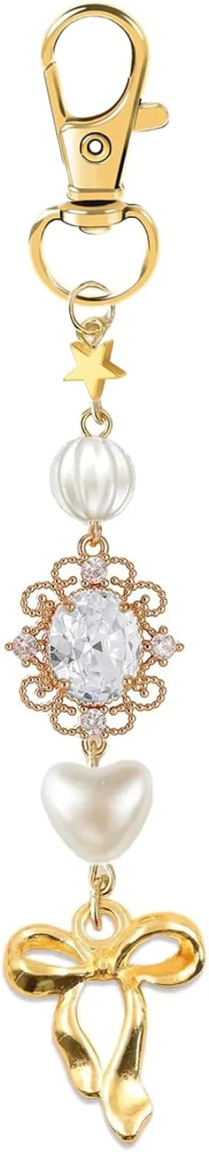 Agromusk Gold Bow Keychain Bag Charms for Women Heart Pearl Beaded Coquette Aesthetic Purse Charms