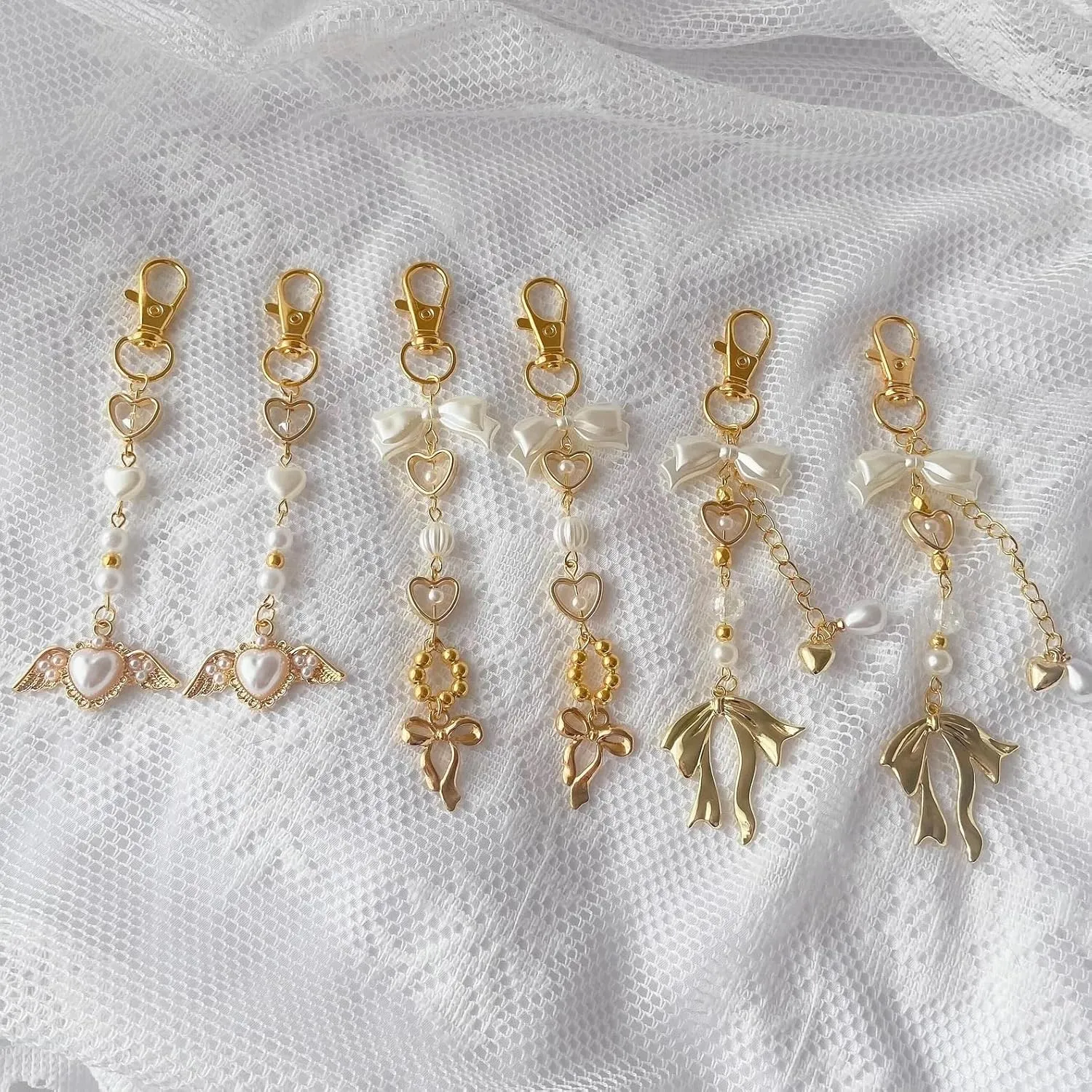 Agromusk Gold Bow Keychain Bag Charms for Women Heart Pearl Beaded Coquette Aesthetic Purse Charms