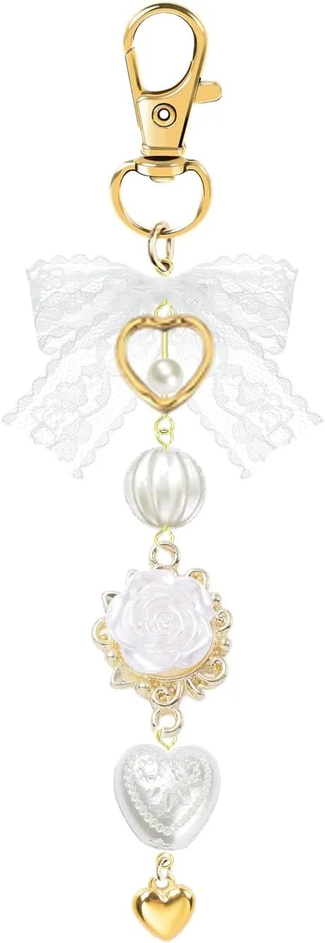 Agromusk Gold Bow Keychain Bag Charms for Women Heart Pearl Beaded Coquette Aesthetic Purse Charms