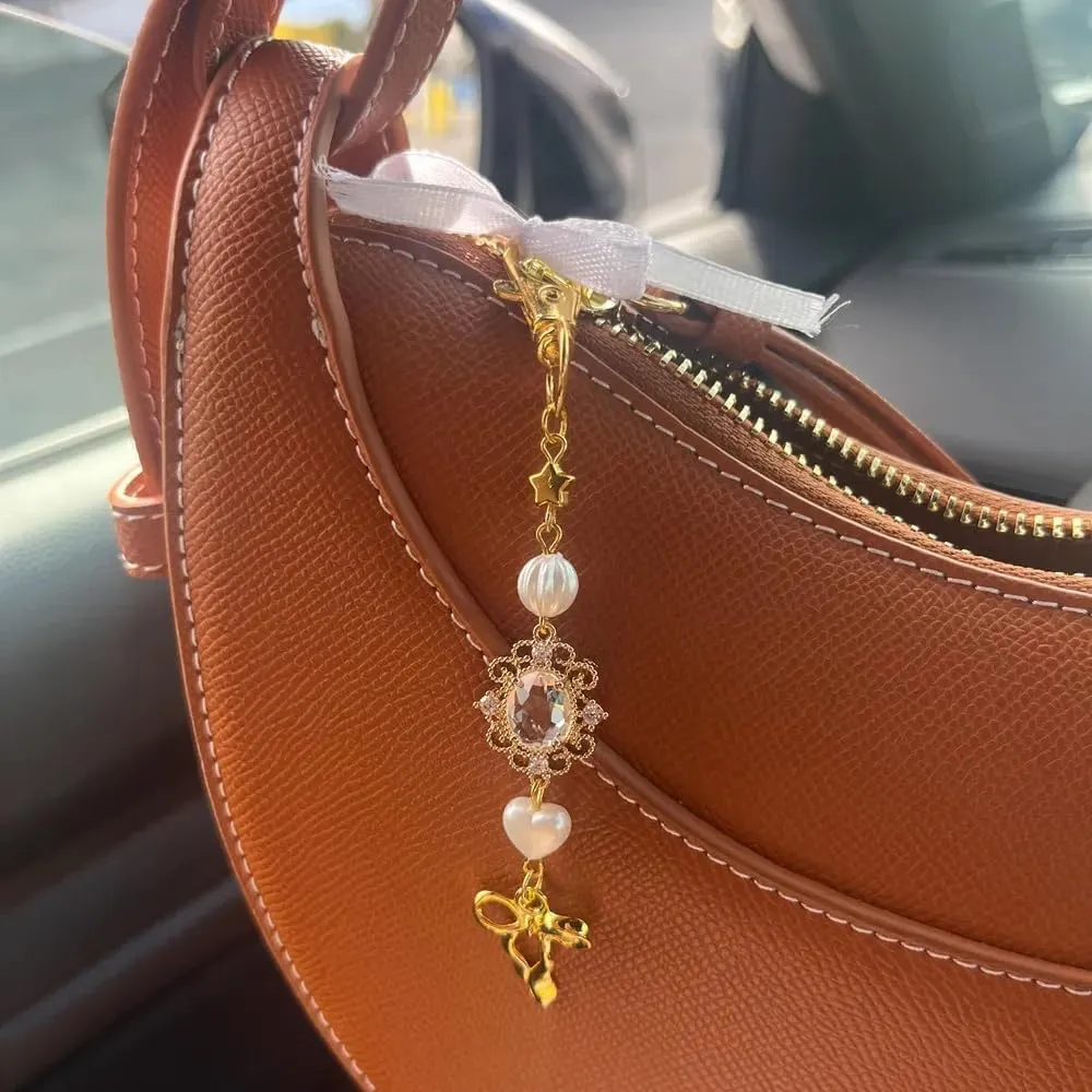 Agromusk Gold Bow Keychain Bag Charms for Women Heart Pearl Beaded Coquette Aesthetic Purse Charms