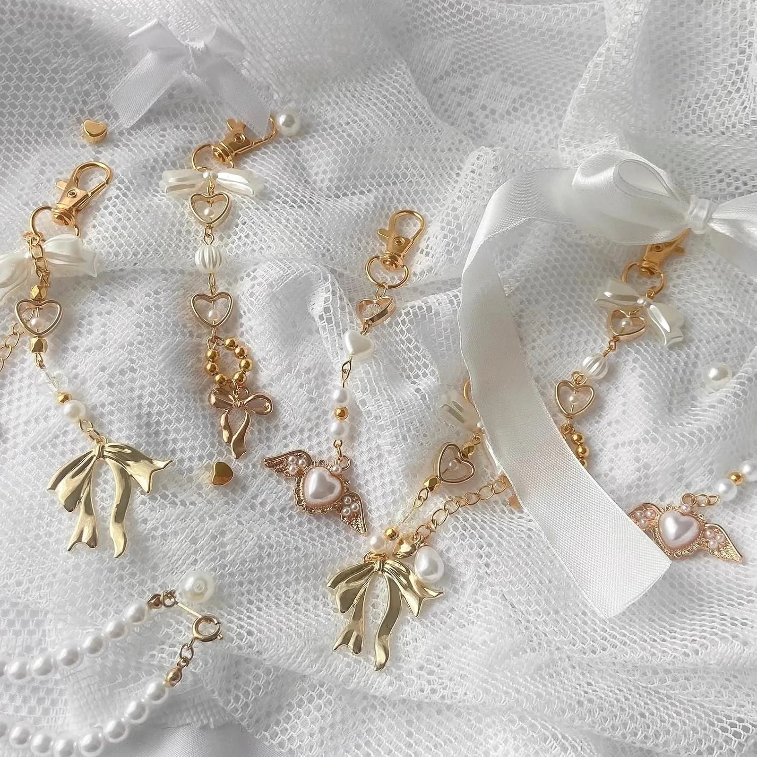 Agromusk Gold Bow Keychain Bag Charms for Women Heart Pearl Beaded Coquette Aesthetic Purse Charms