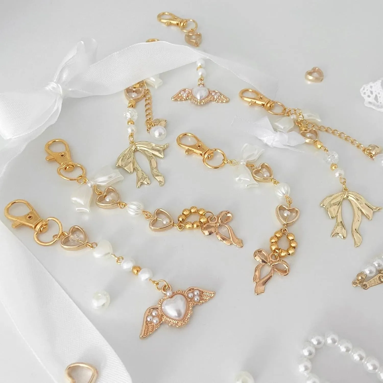 Agromusk Gold Bow Keychain Bag Charms for Women Heart Pearl Beaded Coquette Aesthetic Purse Charms