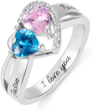 AILIN Personalized Heart Promise Rings For Her 925 Sterling Silver Love Engagement Ring Mother Rings With 2 Simulated Birthstones Custom Engraved Couples Name Ring for Women