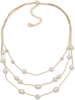Anne Klein 16" Gold and Pearl Necklace Featuring Multi Row Frontal Drop, Pearl Accents, 3" Extender, and Lobster Clasp Closure