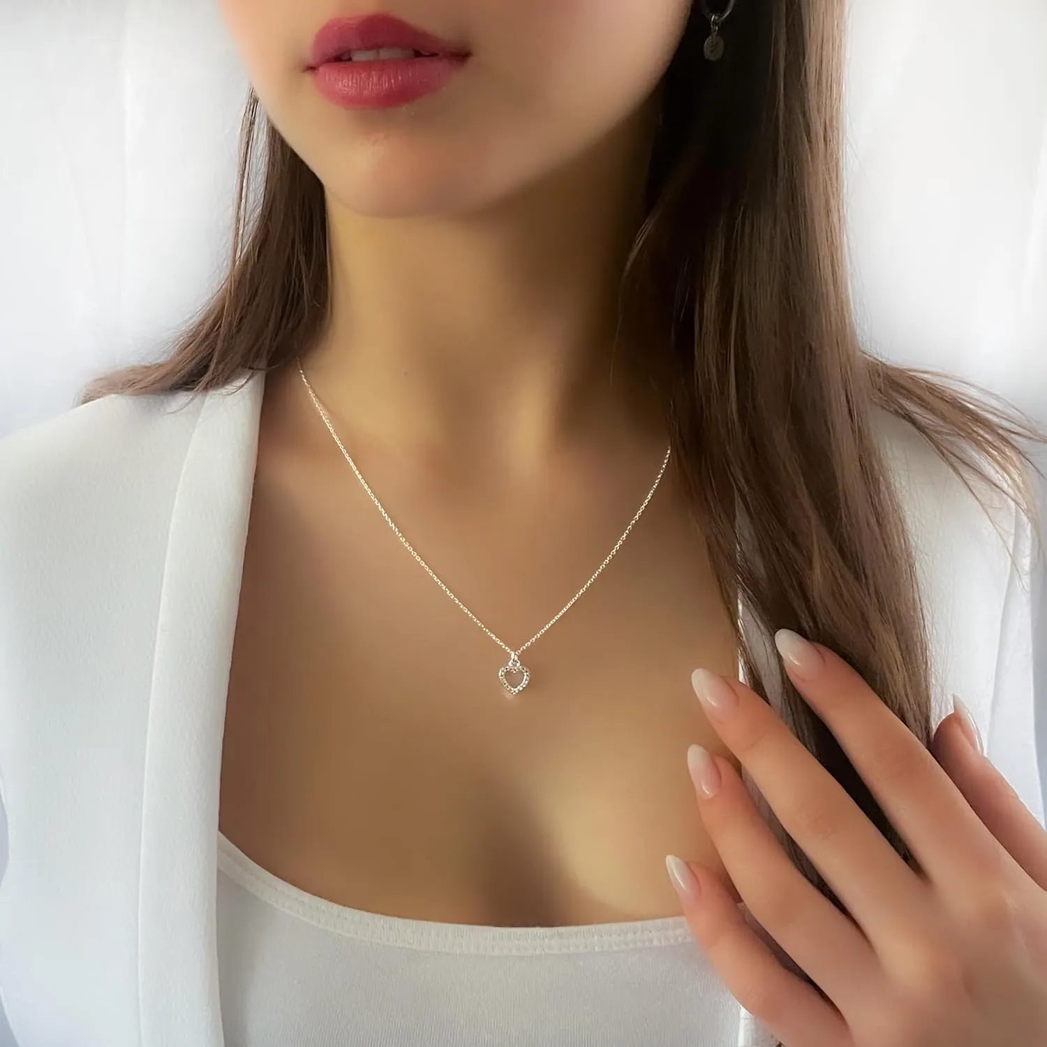 Annika Bella Heart Necklace for Women, Dainty Sterling Silver Jewelry, Cubic Zirconia Framed Heart Charm, Delicate Simulated Diamonds Necklace, Gift for Her (CZ Frame)