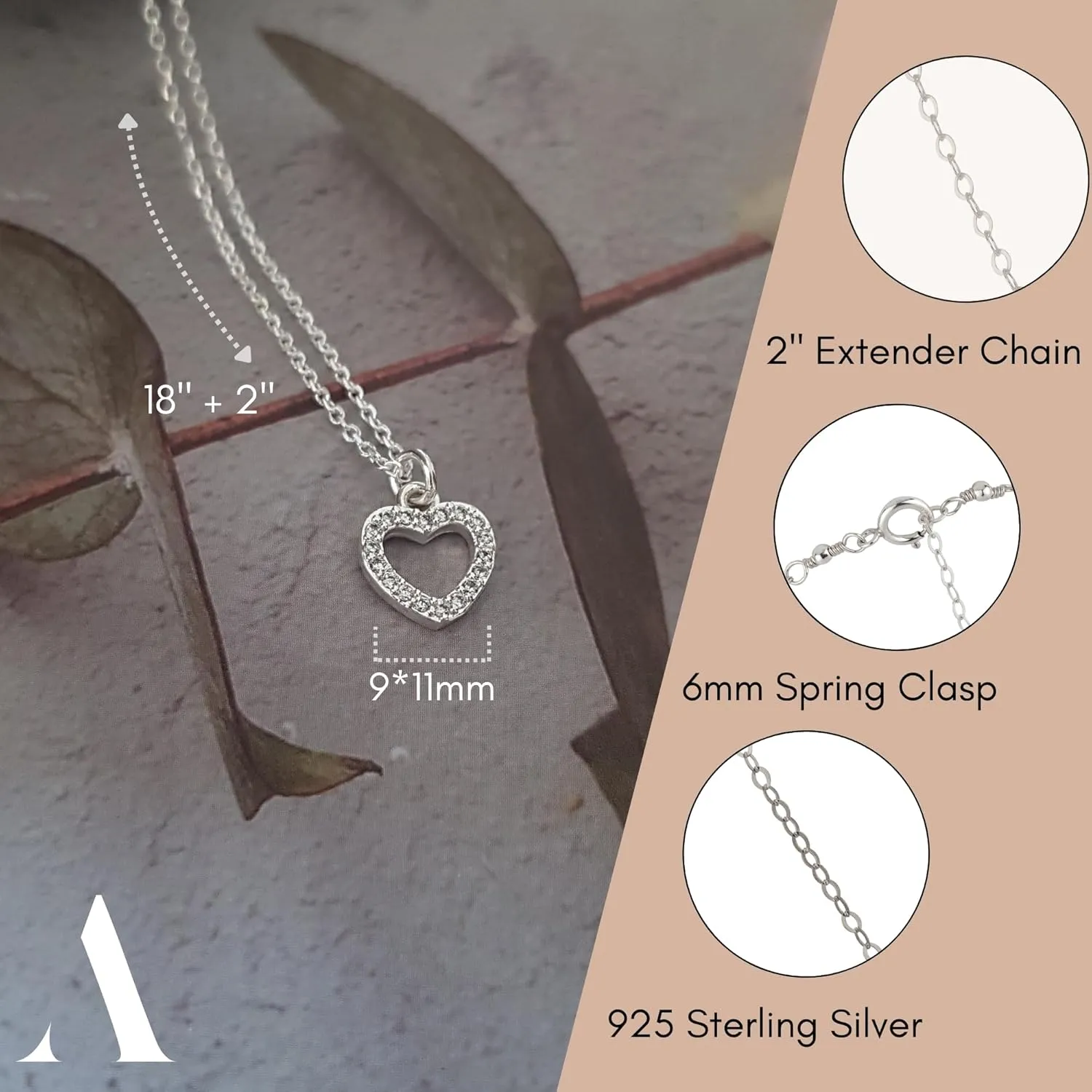 Annika Bella Heart Necklace for Women, Dainty Sterling Silver Jewelry, Cubic Zirconia Framed Heart Charm, Delicate Simulated Diamonds Necklace, Gift for Her (CZ Frame)