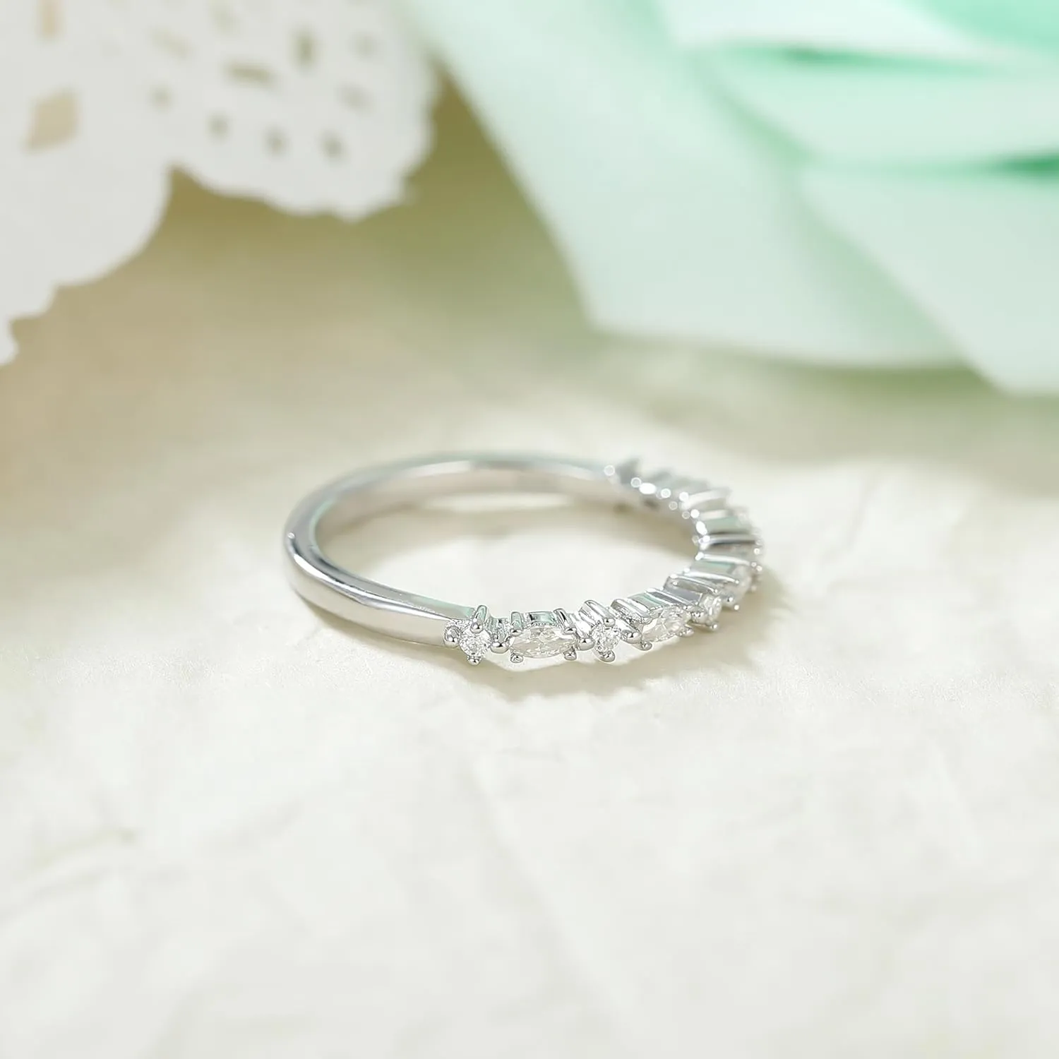 Art Deco Modern Round Cut Moissanite Wedding Band: 0.03 - 1.5 Carat G-H White Moissanite Eternity Promise Ring, Platinum Plated, Unisex Adult Wedding Ring