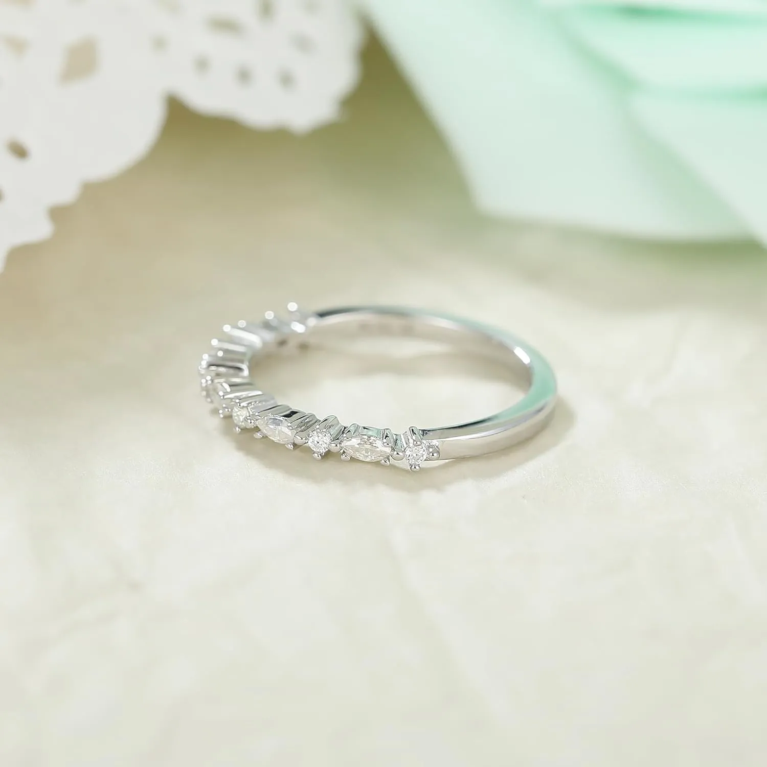 Art Deco Modern Round Cut Moissanite Wedding Band: 0.03 - 1.5 Carat G-H White Moissanite Eternity Promise Ring, Platinum Plated, Unisex Adult Wedding Ring