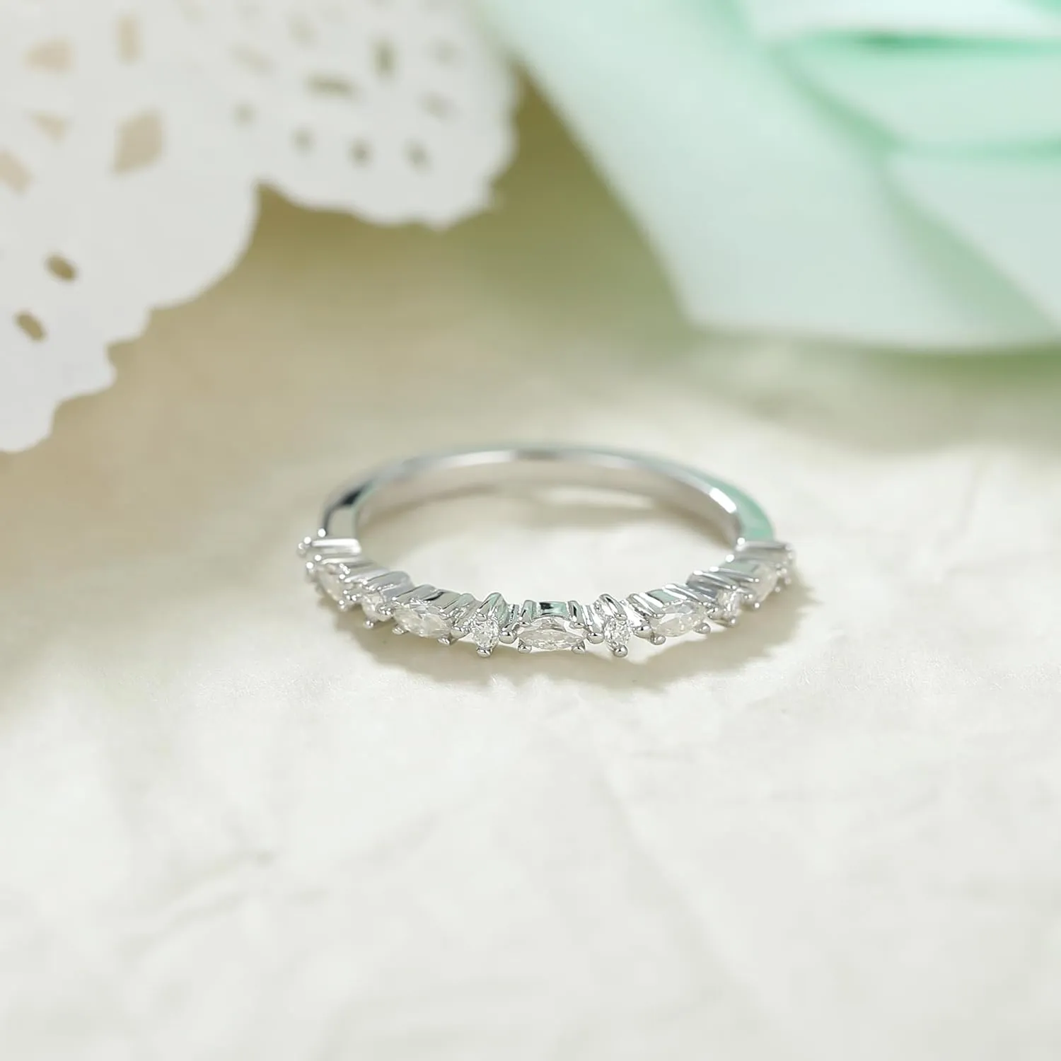 Art Deco Modern Round Cut Moissanite Wedding Band: 0.03 - 1.5 Carat G-H White Moissanite Eternity Promise Ring, Platinum Plated, Unisex Adult Wedding Ring