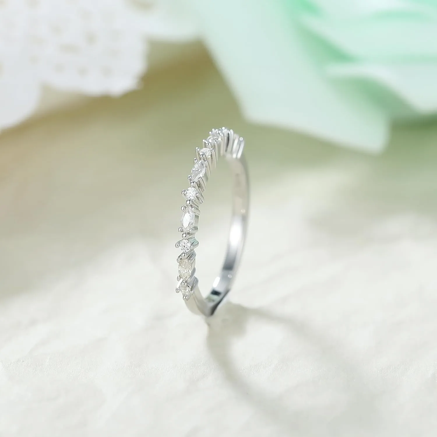 Art Deco Modern Round Cut Moissanite Wedding Band: 0.03 - 1.5 Carat G-H White Moissanite Eternity Promise Ring, Platinum Plated, Unisex Adult Wedding Ring