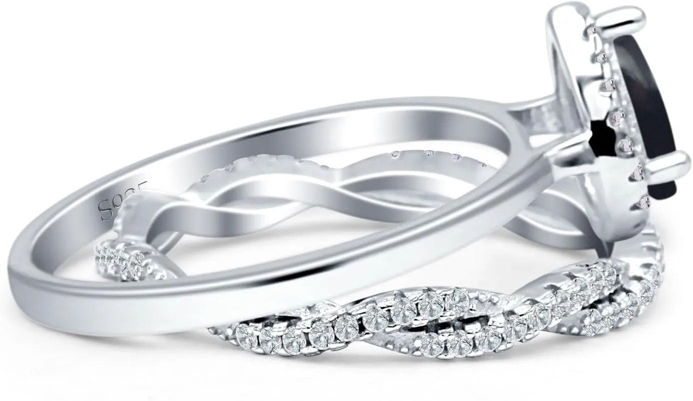 Art Deco Two Piece Pear Teardrop Natural Black Onyx Halo Vintage Style Full Eternity Twisted Band Wedding Set Engagement Ring 925 Sterling Silver