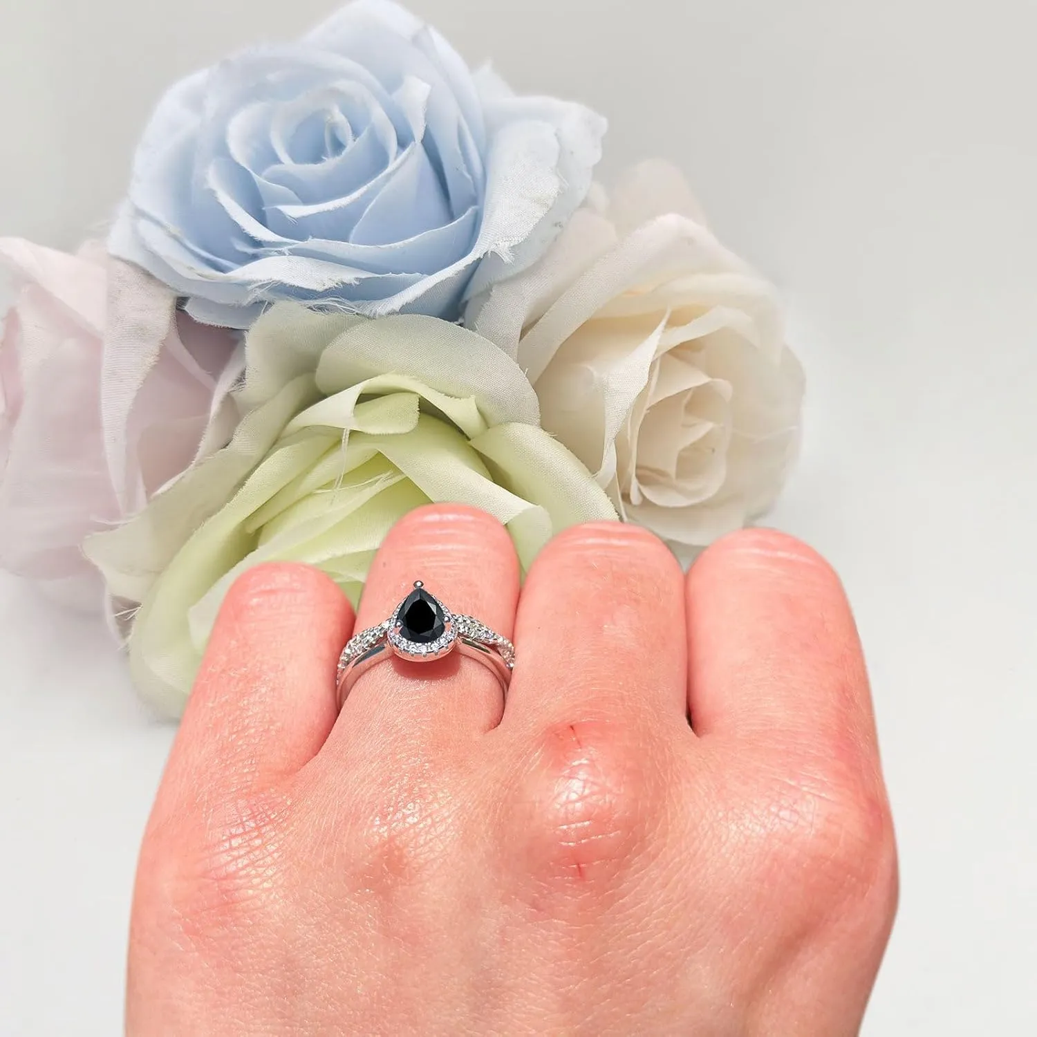 Art Deco Two Piece Pear Teardrop Natural Black Onyx Halo Vintage Style Full Eternity Twisted Band Wedding Set Engagement Ring 925 Sterling Silver