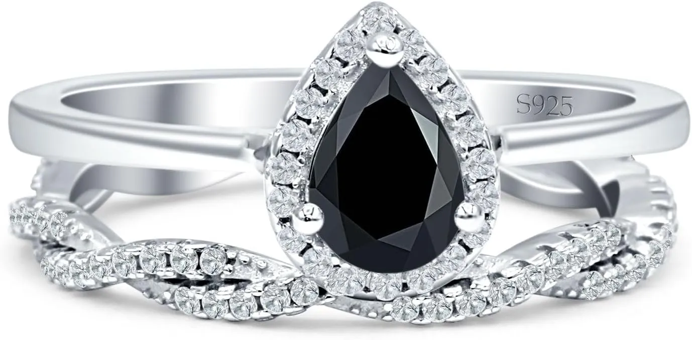 Art Deco Two Piece Pear Teardrop Natural Black Onyx Halo Vintage Style Full Eternity Twisted Band Wedding Set Engagement Ring 925 Sterling Silver