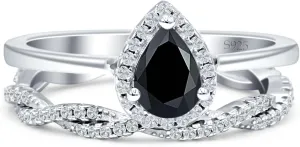 Art Deco Two Piece Pear Teardrop Natural Black Onyx Halo Vintage Style Full Eternity Twisted Band Wedding Set Engagement Ring 925 Sterling Silver