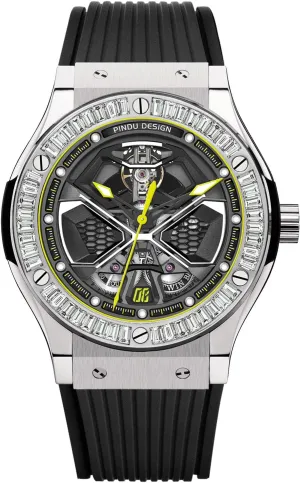Automatic Watches for Men, Skeleton Watches for Men Analog Tourbillon Watch Starry Sky Dial 12-Hour Small Dial Moon Phase Mechanical Watch Blue Leather Strap (6552-White Yellow)
