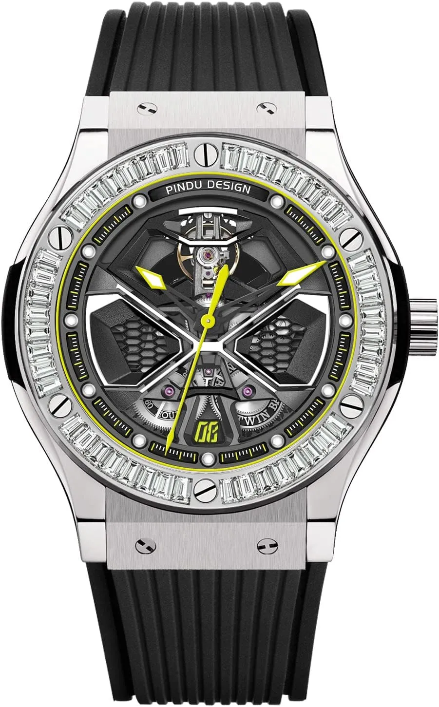 Automatic Watches for Men, Skeleton Watches for Men Analog Tourbillon Watch Starry Sky Dial 12-Hour Small Dial Moon Phase Mechanical Watch Blue Leather Strap (6552-White Yellow)