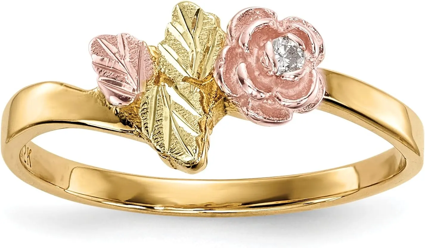 Avariah 10k Tri-Color Black Hills Gold Diamond Rose Ring - Ring Size 7.0