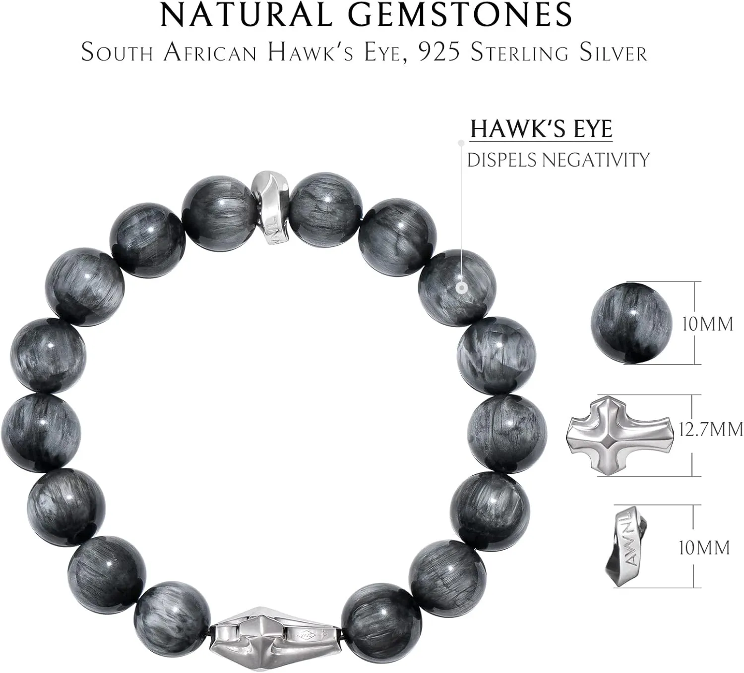 AWNL Men's Beaded Bracelet Premium Sterling Silver Central Charm with Natural Gemstones Hawk Eye Amethyst Phantom Quartz (10mm) Elastic Cord Bracelet for Men, 5.5"-7.5"