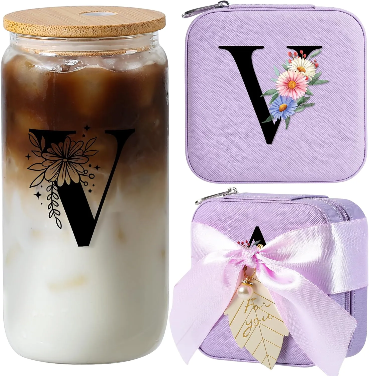 AYGXU Initial glass cup with bamboo lid and Straw,Small Jewelry Box for Girls,Small Jewelry Organizer Box,Cute Tumbler Cup,Travel Gifts for Women,Travel Essentials, Initial V purple