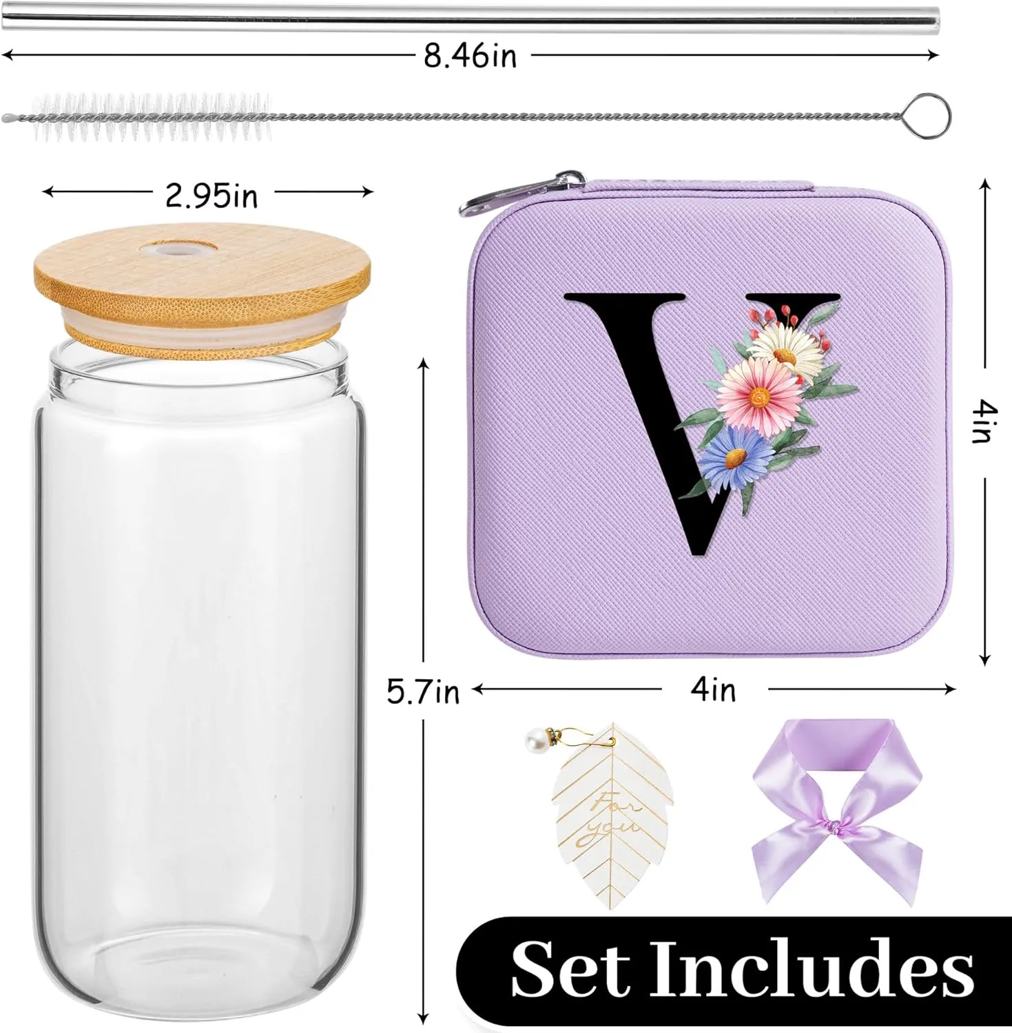 AYGXU Initial glass cup with bamboo lid and Straw,Small Jewelry Box for Girls,Small Jewelry Organizer Box,Cute Tumbler Cup,Travel Gifts for Women,Travel Essentials, Initial V purple