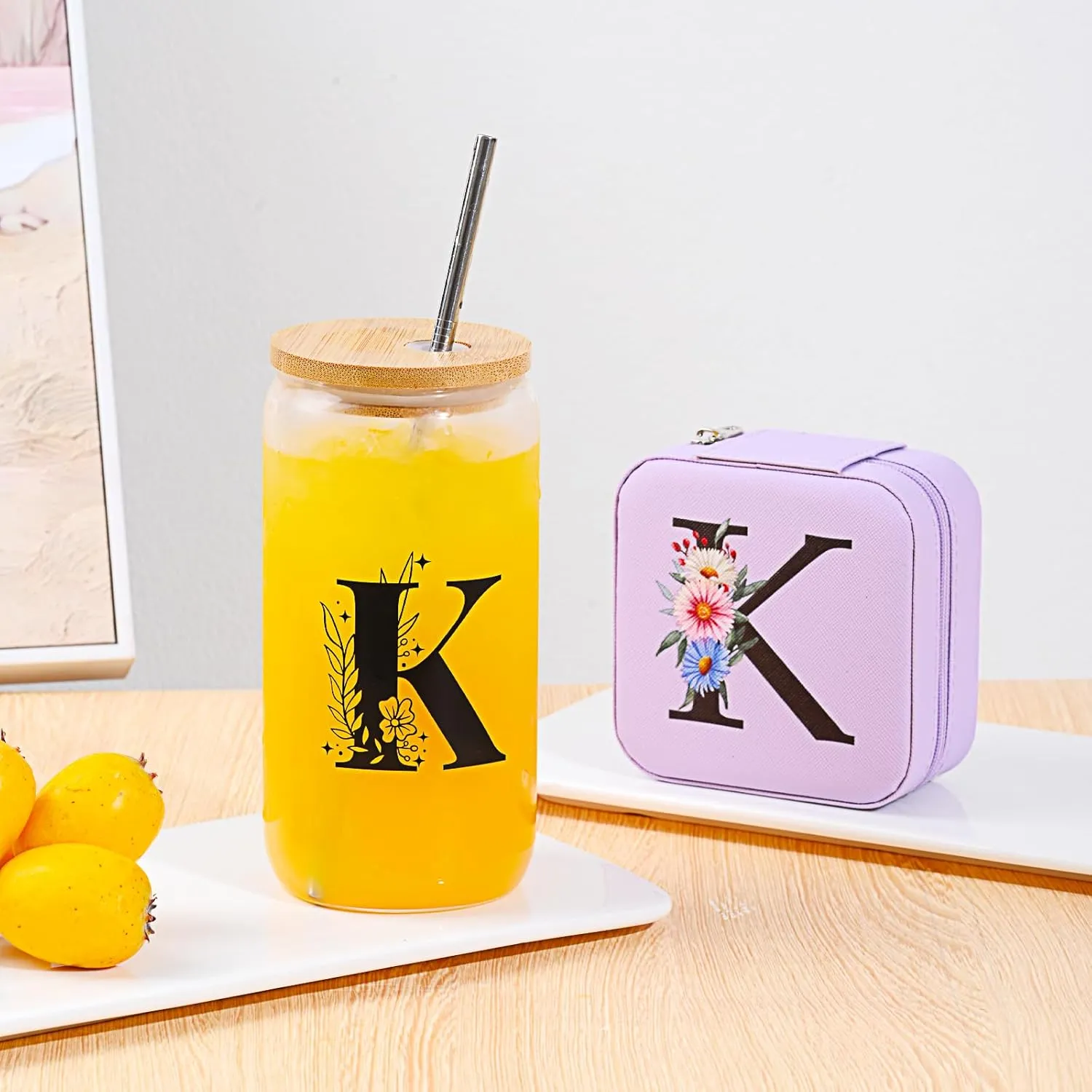 AYGXU Initial glass cup with bamboo lid and Straw,Small Jewelry Box for Girls,Small Jewelry Organizer Box,Cute Tumbler Cup,Travel Gifts for Women,Travel Essentials, Initial V purple