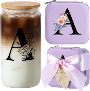 AYGXU maid of honor gifts,initial glass cups with lids and straws 16oz,iced coffee cup,Travel Must Have Jewelry Box set,travel Jewelry Case Organizer,Birthday Gifts,Initial A purple