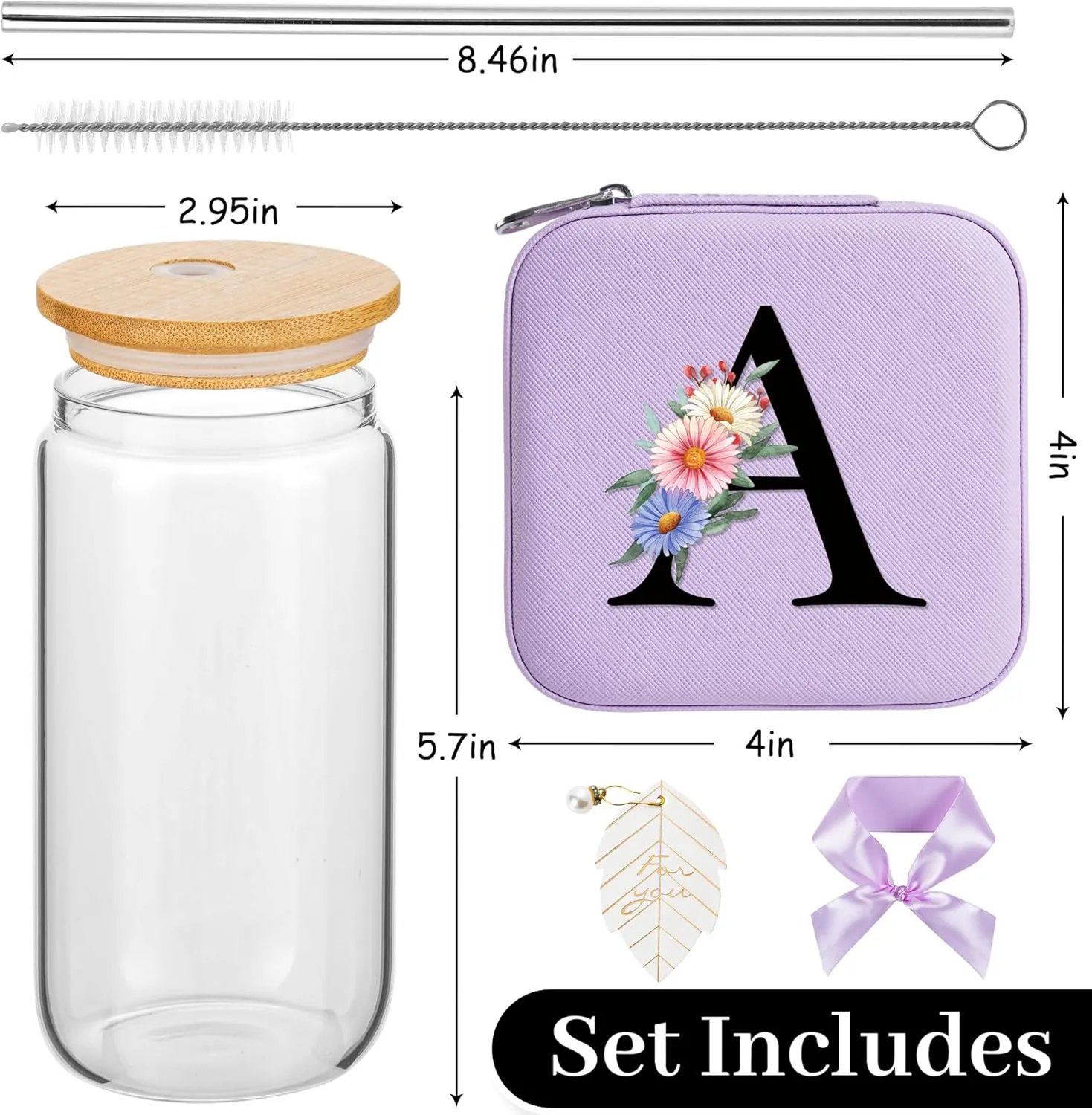 AYGXU maid of honor gifts,initial glass cups with lids and straws 16oz,iced coffee cup,Travel Must Have Jewelry Box set,travel Jewelry Case Organizer,Birthday Gifts,Initial A purple
